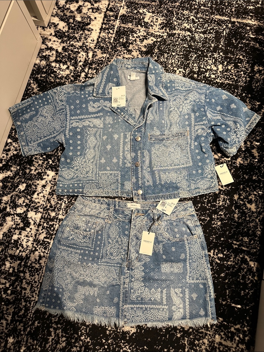 Forever 21 Denim Bandana Print Crop Shirt with Matching Skirt